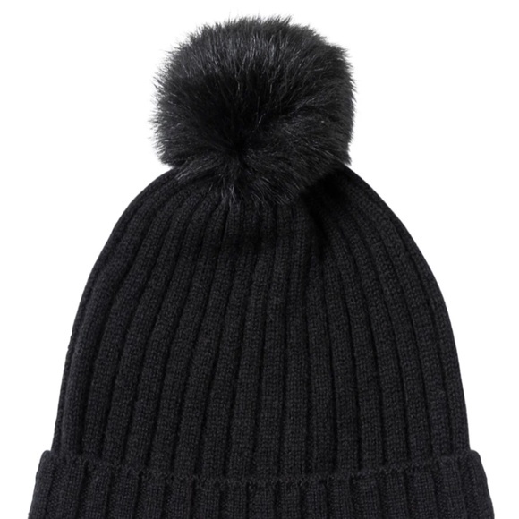 Amicale 100 % Cashmere Genuine Shearling Pompom Beanie Hat in Black Color OS NWT - Picture 8 of 8